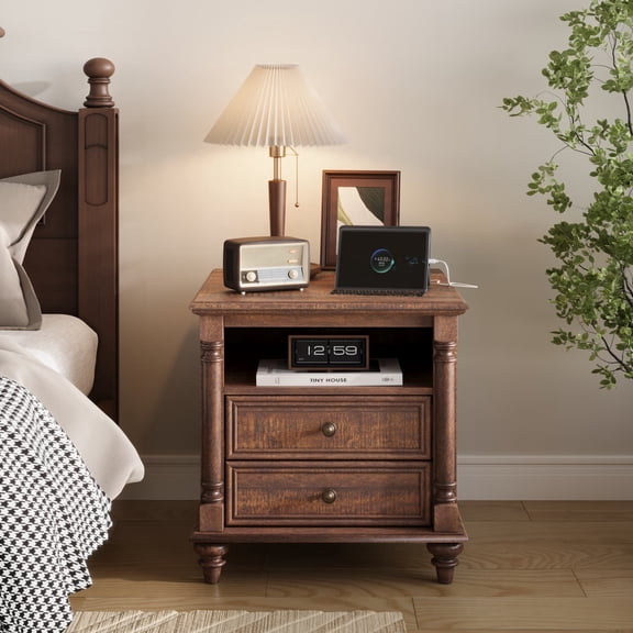 OKD Farmhouse Nightstand, 3 Drawer Wood Side Table with Charging Station for Bedroom, Living Room, Reclaimed Barnwood