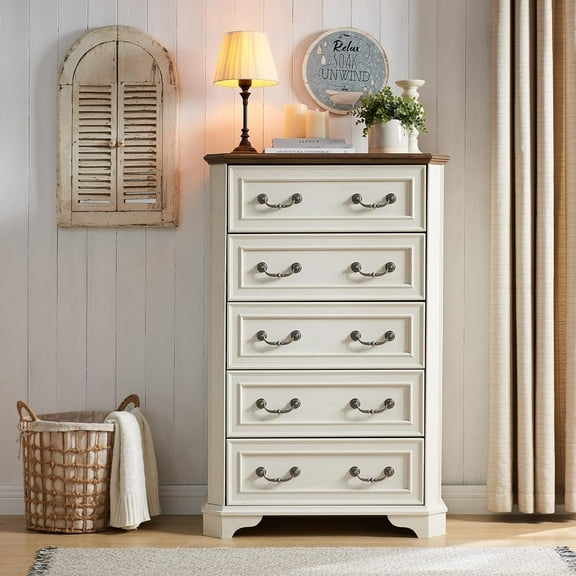 OKD Farmhouse 5-Drawer Dresser with Vintage Wood Thick Plank, Tall Storage Chest with Anti-Tip Device for Bedroom, Living Room, Antique White