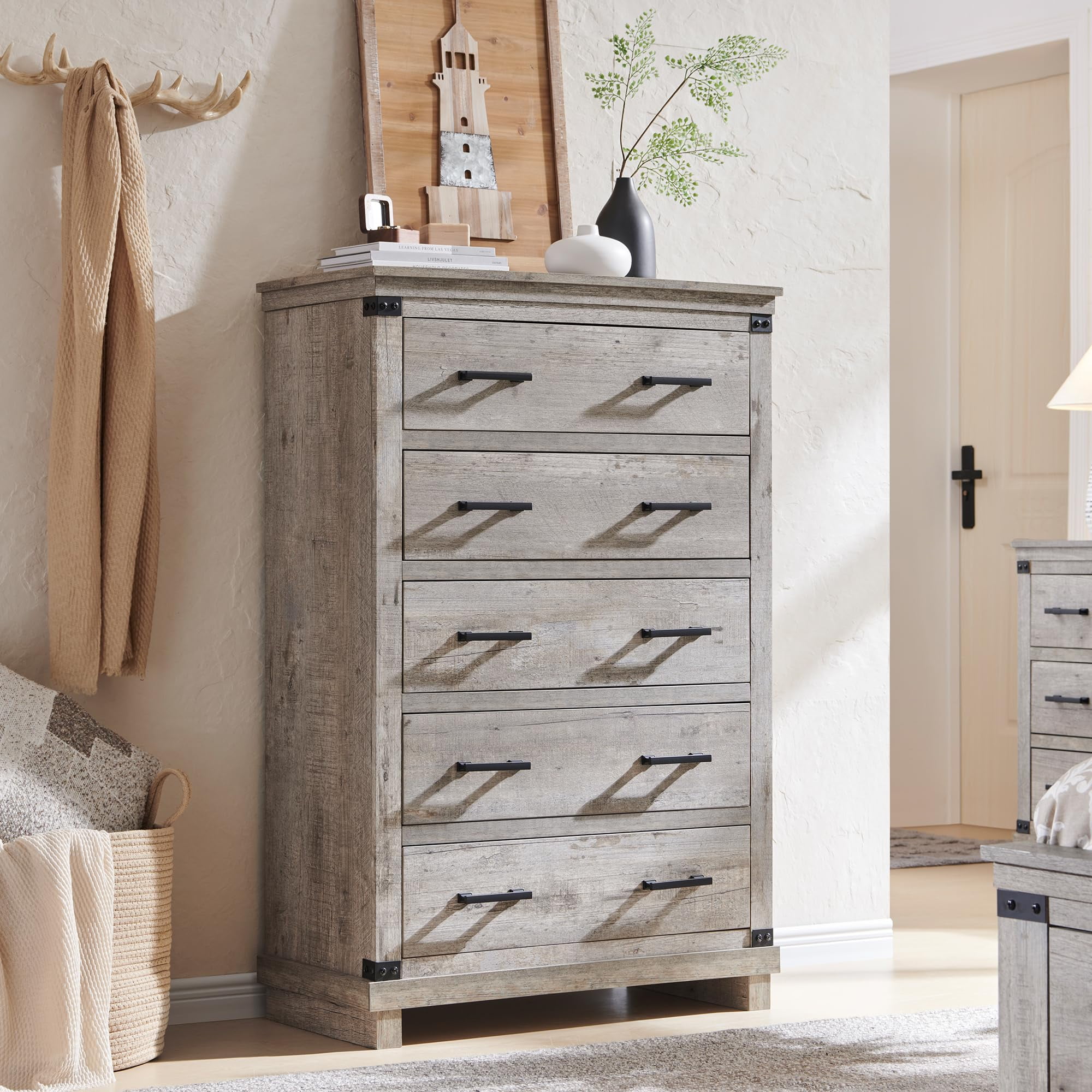 OKD Farmhouse 5 Drawers Dresser for Bedroom, Tall Chest of Drawers with Thick Plank Styling, Wood Rustic Closet Dresser for Bedroom, Living Room, Light Rustic Oak Color