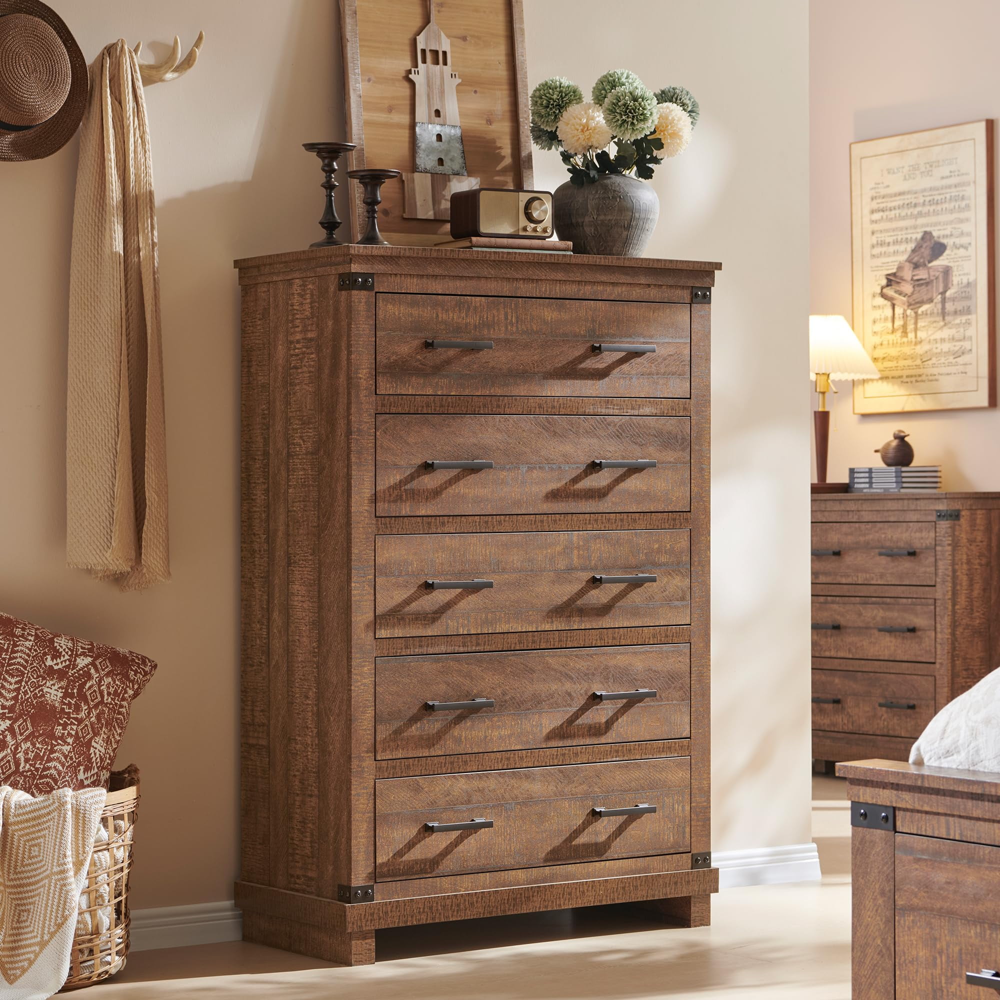 OKD Farmhouse 5 Drawers Dresser for Bedroom, Tall Chest of Drawers with Thick Plank Styling, Wood Rustic Closet Dresser for Bedroom, Living Room, Reclaimed Barnwood Color