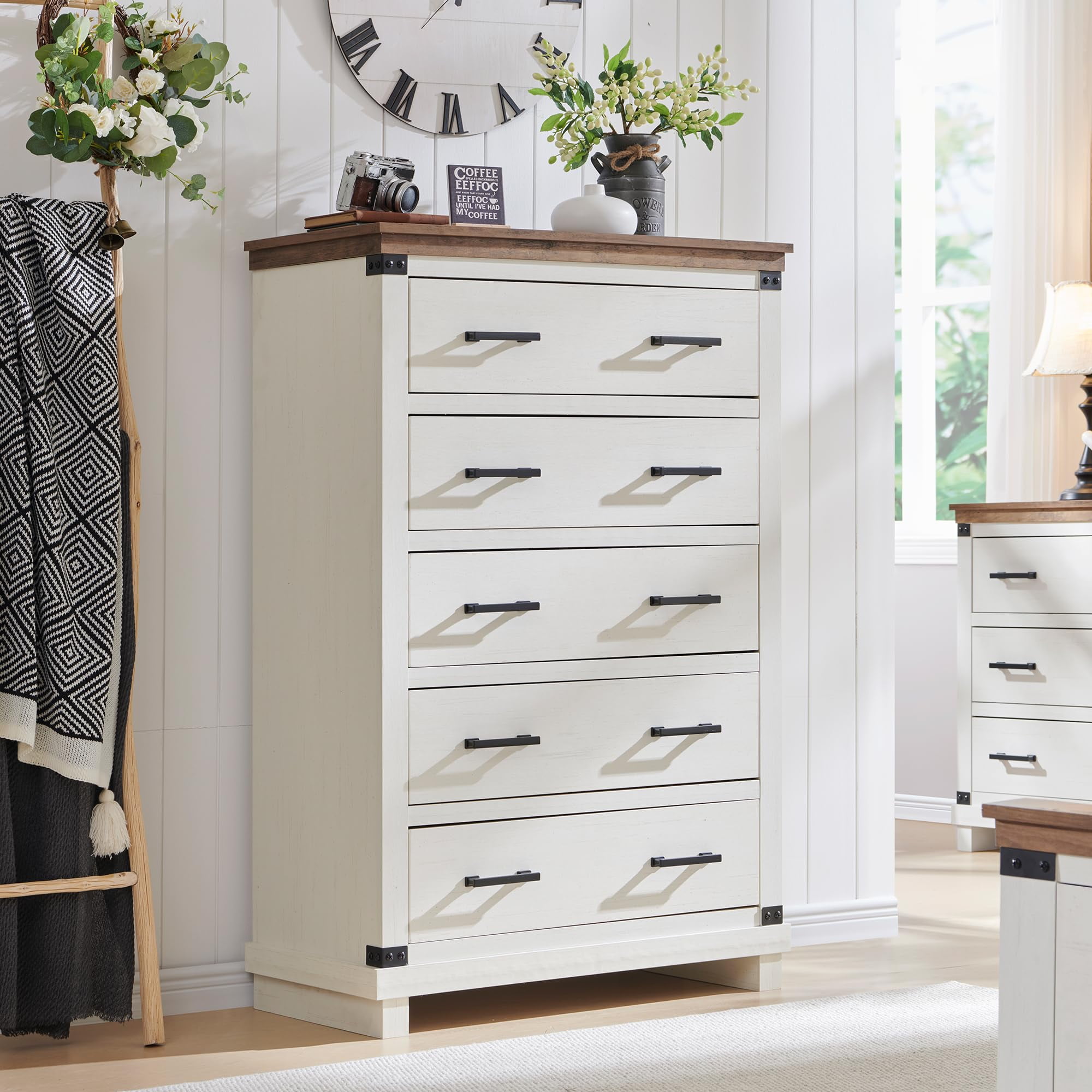 OKD Farmhouse 5 Drawers Dresser for Bedroom, Wood Tall Chest of Drawers with Thick Plank Styling, Rustic Closet Dresser for Bedroom, Living Room, Antique White