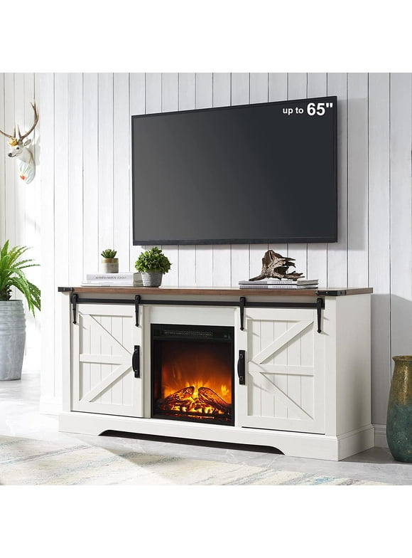 OKD Farmhouse 58" Electric Fireplace TV Stand for TVs up to 65", Entertainment Center with Fireplace and Large Shelves for Living Room, Bedroom, Anitique White
