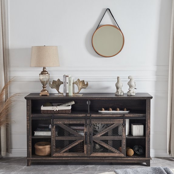 OKD Farmhouse 58" Wide TV Stand for 65" TV, Entertainment Center with Barn Door and Adjustable Shelves for Living Room, Dark Rustic Oak