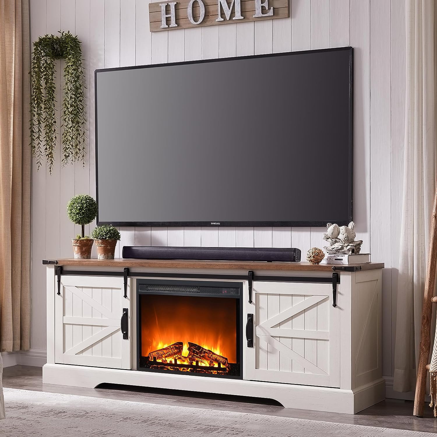 OKD Farmhouse 66" Electric Fireplace TV Stand for TVs up to 75", Entertainment Center with