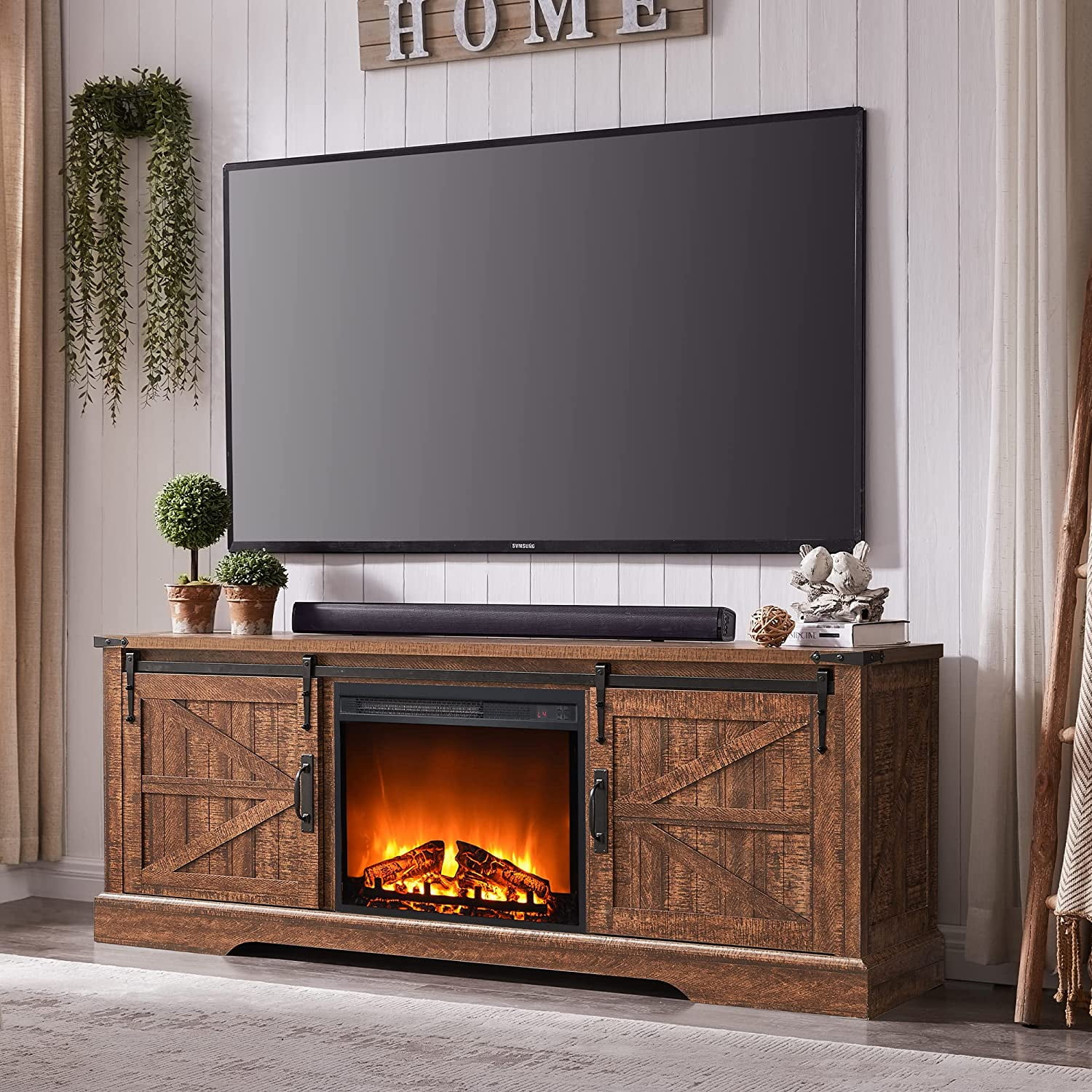 OKD Farmhouse 66" Electric Fireplace TV Stand for TVs up to 75