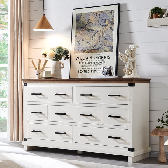 OKD Farmhouse 7 Drawers Dresser for Bedroom, Wood Large Chest of Drawers with Thick Plank Styling, Rustic Closet Dresser for Bedroom, Living Room, Antique White