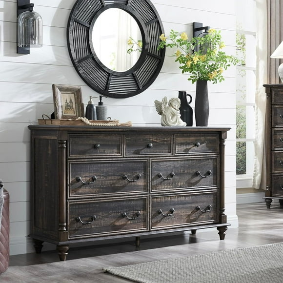 OKD Farmhouse 7 Drawers Dresser Chests for Bedroom, 54" Wide Wood Rustic Tall Chest of Drawers with Solid Wood Feet for Living Room, Dark Rustic Oak