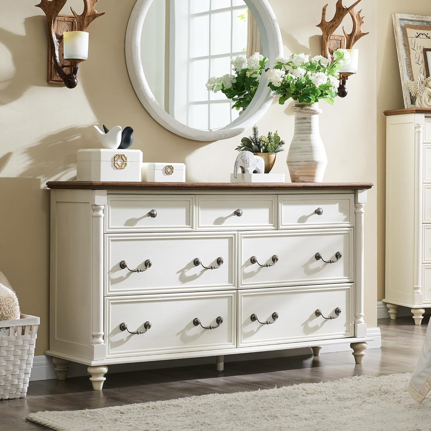 OKD Farmhouse 7 Drawers Dresser Chests With w/ 4 Solid Wood Feet