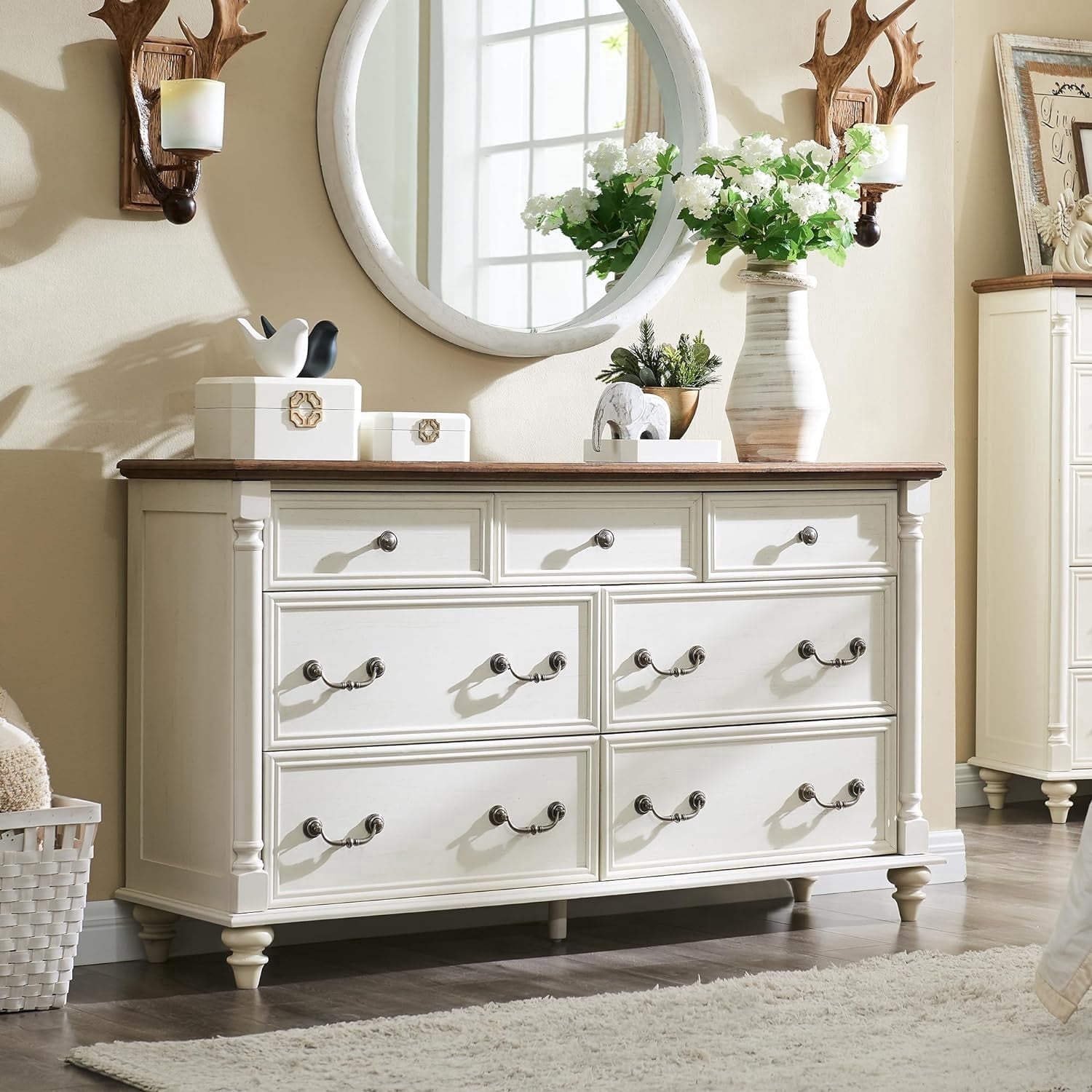 OKD Farmhouse 7 Drawers Dresser Chests for Bedroom, 54" Wide Wood Rustic  Tall Chest of Drawers with Solid Wood Feet for Living Room, Antique White -  Walmart.com