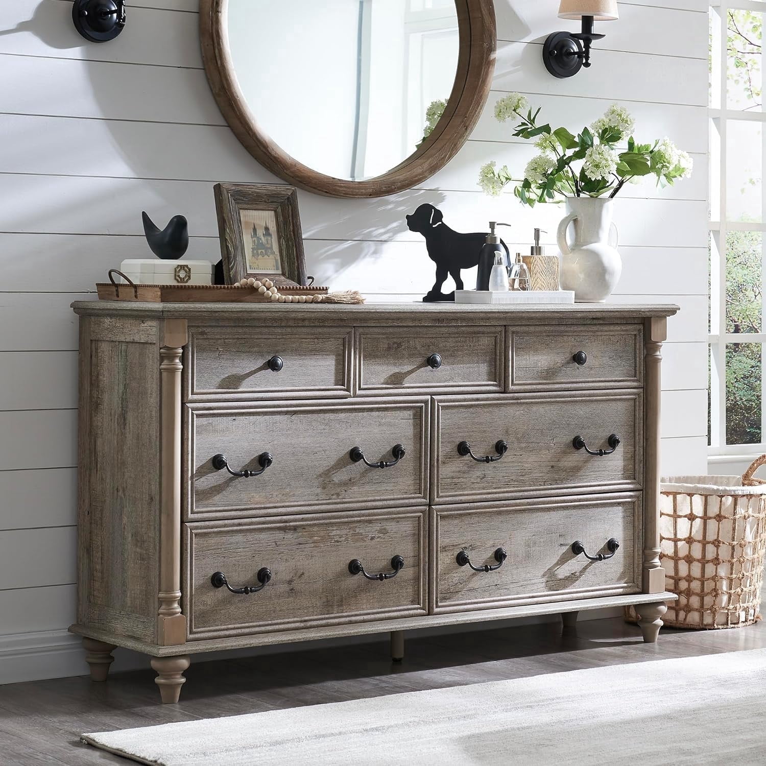 OKD 54" Wide 7 Drawers Dresser for Bedroom, Farmhouse Wooden Wide Chest of  Drawers, Closet Clothes Storage Organizer for Living Room, Light Rustic Oak