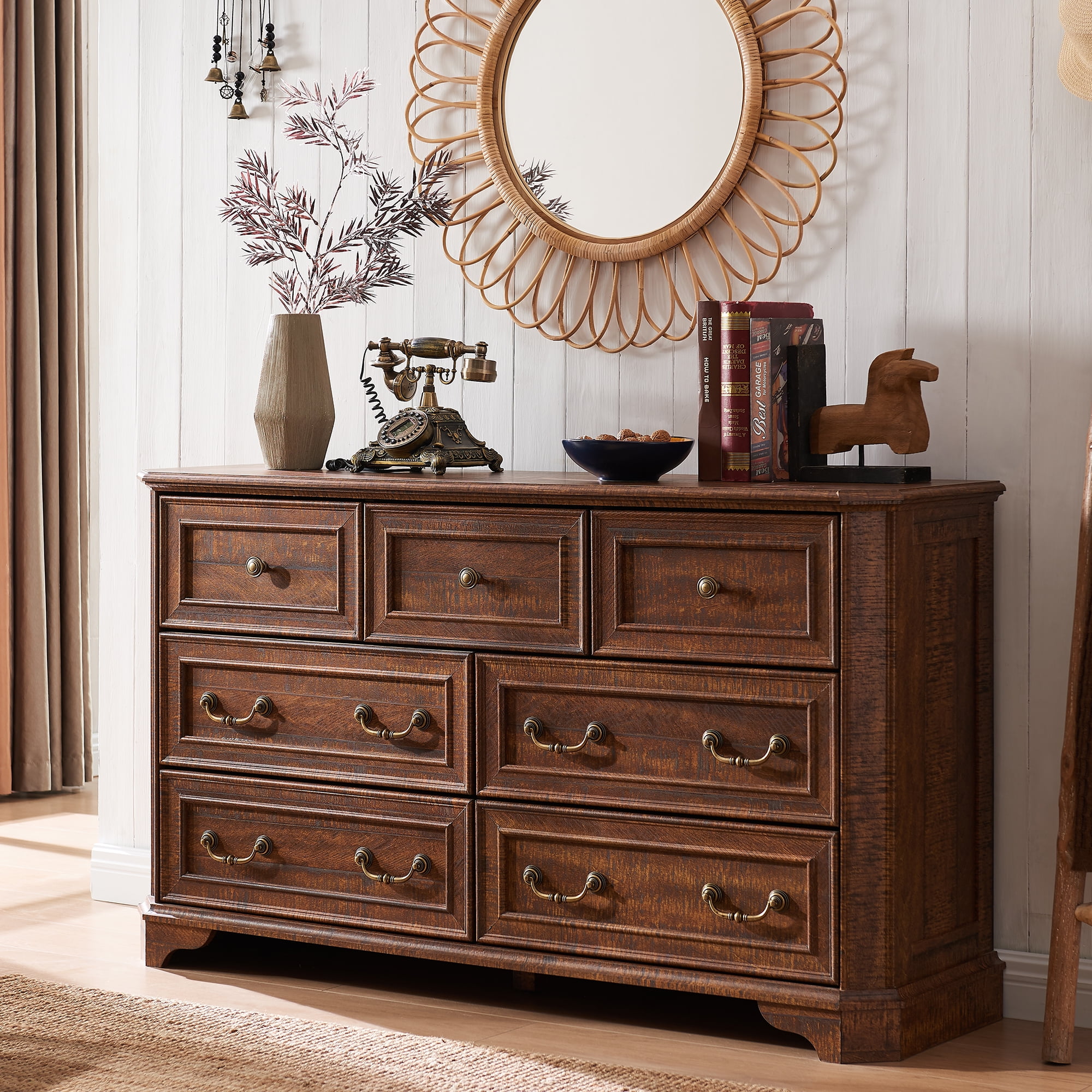 OKD Farmhouse 7-Drawer Dresser, Rustic Brown Wood, Tall Chest for Bedroom or Living Room ...
