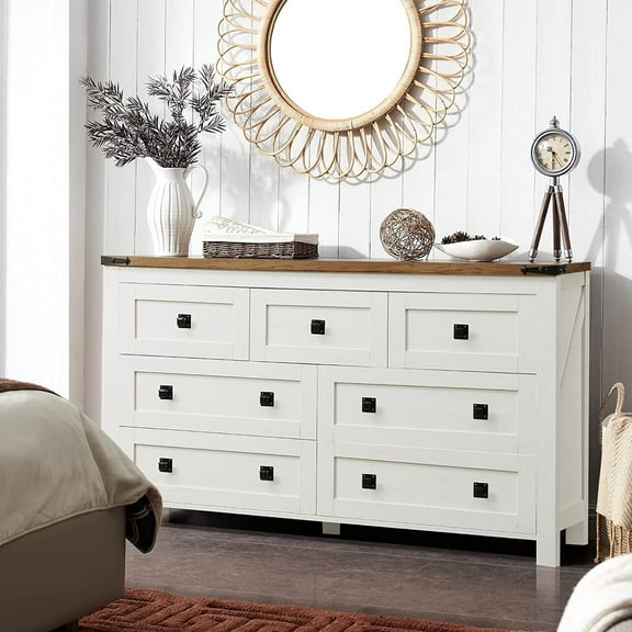 OKD Farmhouse 7 Drawers Dresser Storage Cabinet, Antique White