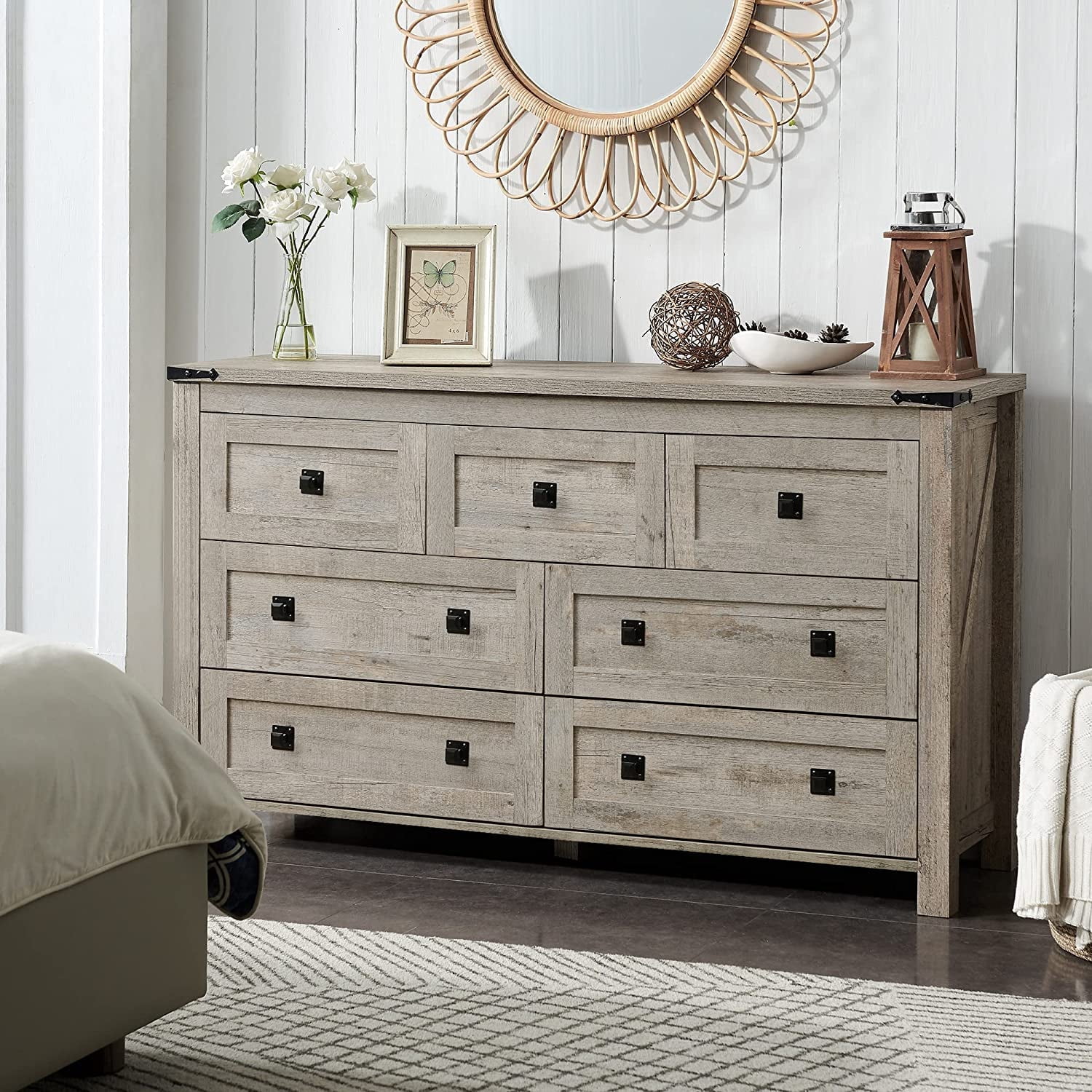 OKD Modern Farmhouse Wooden 7 Drawers Dresser Storage Cabinet for