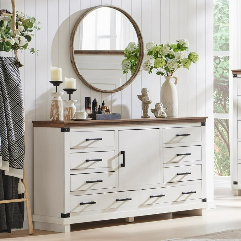OKD 54 W Farmhouse Dresser 8 Drawers Modern Rustic Wood Large Chest of Drawers Closet Storage Organizers Cabinets TV Stand for Living Room Bedroom