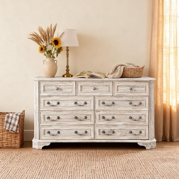 OKD Farmhouse 9-DRAWER DRESSERS for Bedroom/Living Room,Chest of Drawers with Vintage Metal Handle,Exquisite Engineered Wooden Dresser,Distressed White