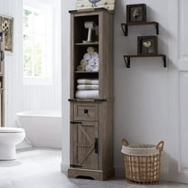 OKD Farmhouse Bathroom Organizers and Storage, Narrow Tall Cabinet Storage Tower with Door and Drawer, Light Rustic Oak