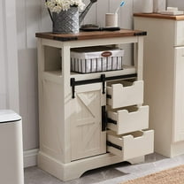 OKD Farmhouse Bathroom Storage Cabinet with 3 Drawers and Adjustable Shelves Wooden Rustic Accent Entryway Cupboard, Antique White