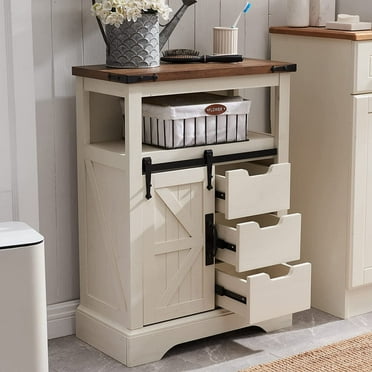 OKD Farmhouse Bathroom Storage Cabinet with 3 Drawers and Adjustable Shelves Wooden Rustic Accent Entryway Cupboard, Antique White