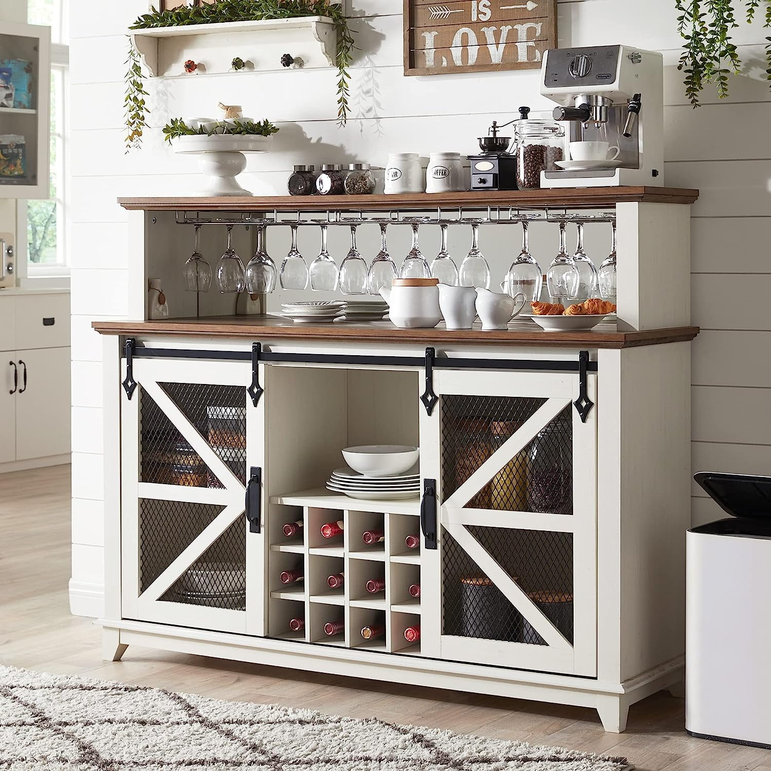 4ever2buy Farmhouse Coffee Bar Cabinet with Storage, White Coffee Bar with  9 Wine Racks Barn Door, Kitchen Buffet Cabinet with Drawer, Wine Bar