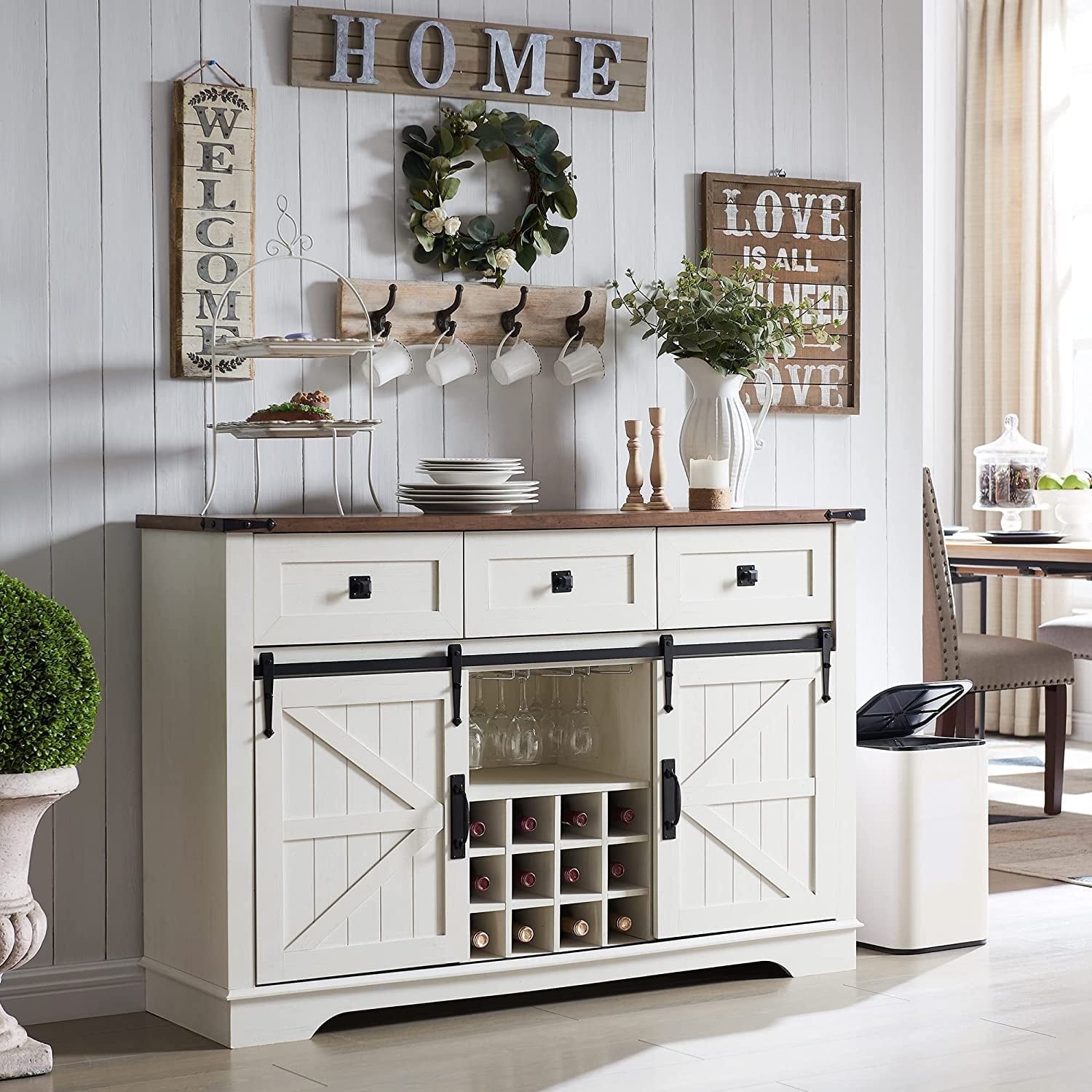 OKD 54 Farmhouse Wine Cabinet with Drawers Shelves Antique White Walmart