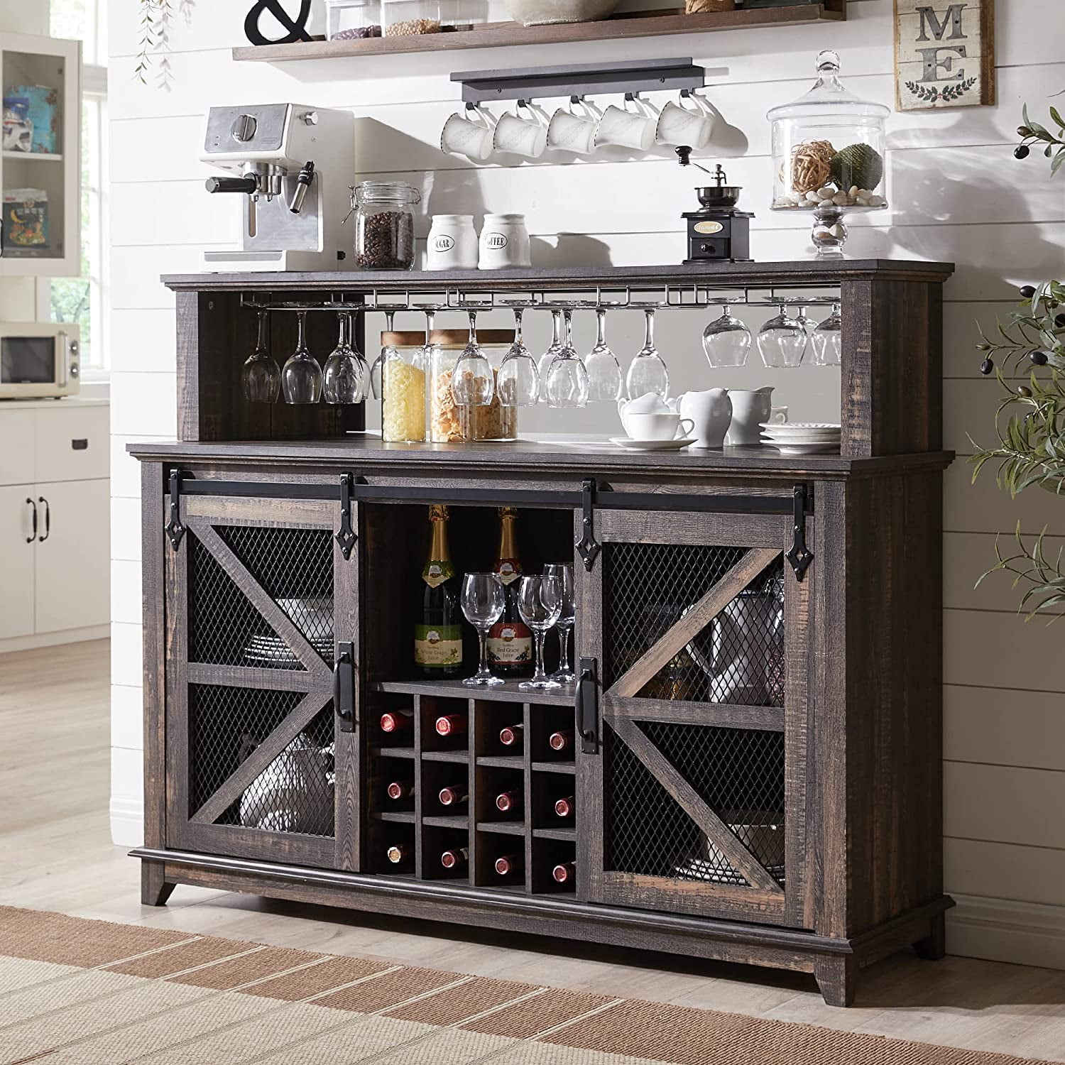 OKD Farmhouse Coffee Bar Cabinet with Wine Rack and Storage Barn Door Buffet Cabinet Storage Kitchen With LED Light Adjustable Shelves Dark Rustic