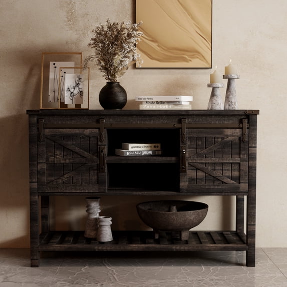 OKD Farmhouse 46'' Large Farmhouse Entryway Table with Sliding Barn Doors, Console Table Sofa Side Table with Storage and Adjustable Shelf, Dark Rustic Oak