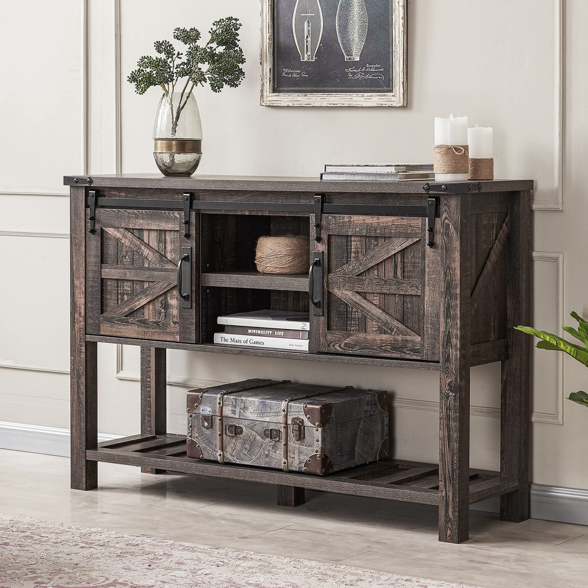 OKD Farmhouse Style 46'' Console Entry Table with Sliding Barn Doors ...