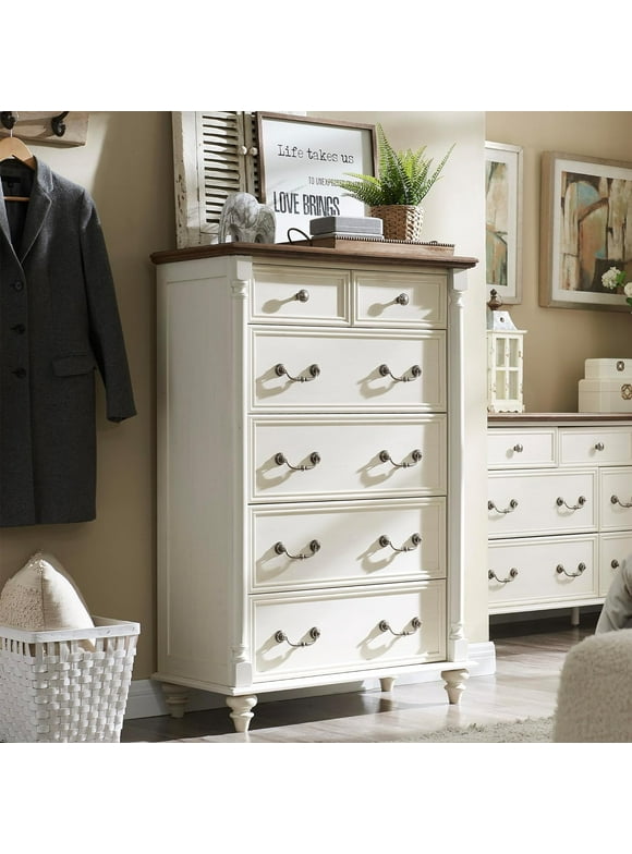 OKD Farmhouse Dresser Chests of 6 Drawers for Bedroom,Dresser Storage Organizer for Living Room, Antique White