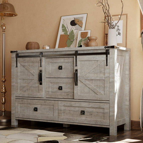 OKD Farmhouse Dresser Organizer with 2 Doors and 4 Drawers, Storage Chest of Drawers for Bedroom, Light Rustic Oak