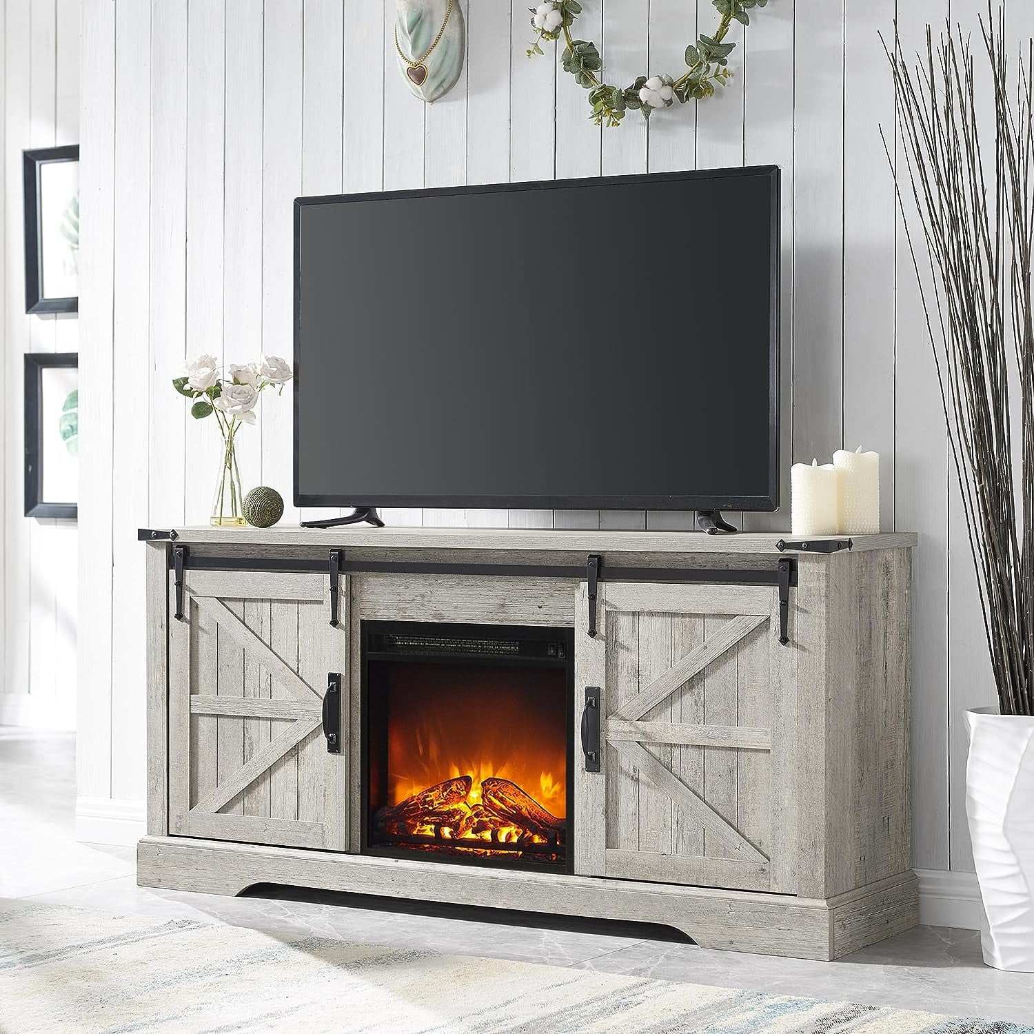 OKD Farmhouse Electric Fireplace TV Stand for TVs up to 65", Entertainment Center with Fireplace, Light Rustic Oak