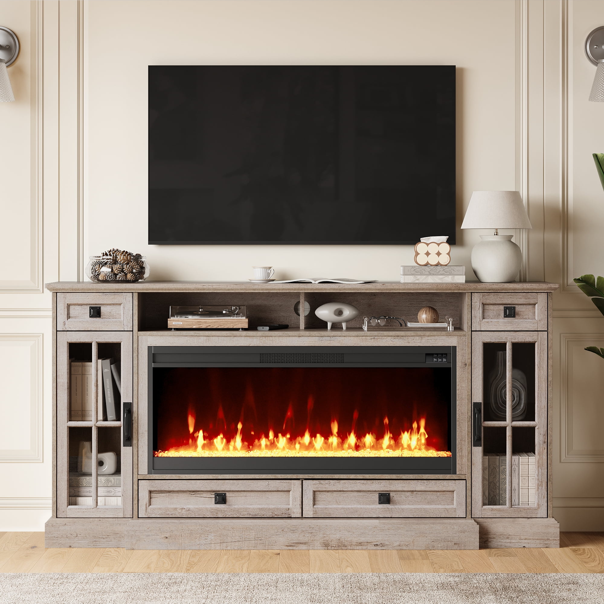 OKD Farmhouse Electric Fireplace TV Stand for TVs up to 80", Entertainment Center with Fireplace and Adjustable Shleves, Light Rustic Oak