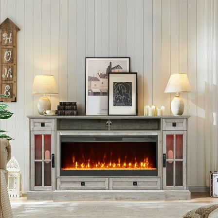 OKD Farmhouse Electric Fireplace TV Stand for TVs up to 80", Entertainment Center with Fireplace and Adjustable Shleves, Light Rustic Oak