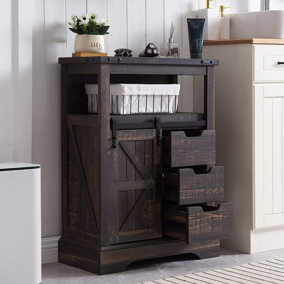 OKD Farmhouse Entryway Bathroom Storage Cabinet with 3 Drawer, Wooden Accent Cupboard, Dark Rustic Oak
