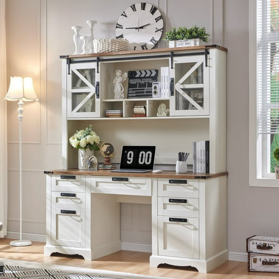 OKD Farmhouse Executive Desk with Hutch, Tall Rustic Office Desk with Charging Station and Keyboard Tray,Home Workstations with File Drawer, Storage Cabinet, Wood Computer Writing Desk, Antique White
