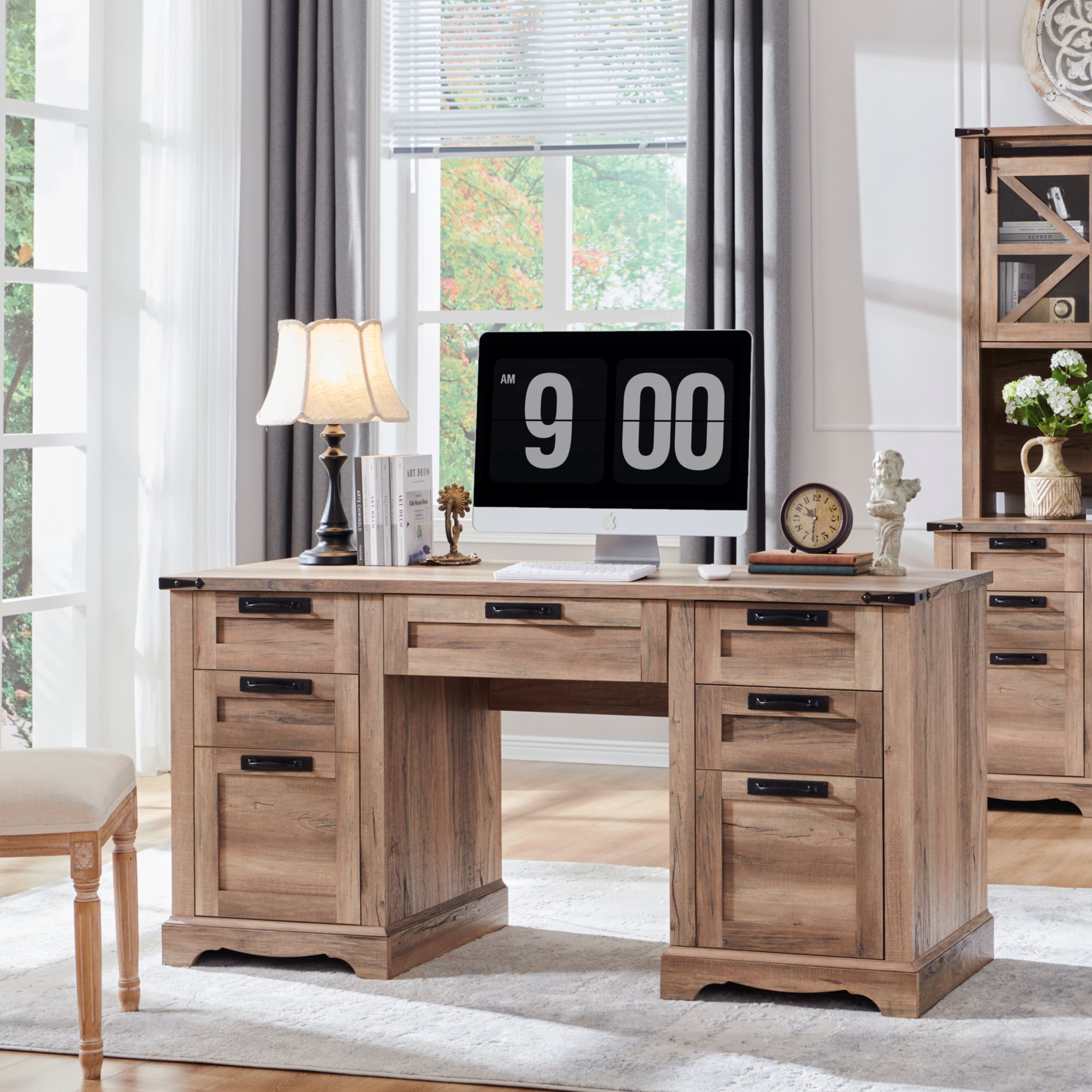 OKD Farmhouse Executive Desk, Rustic Office Desk with Charging Station and Keyboard Tray,Home Workstations with File Drawer, Storage Cabinet,Wood Computer Writing Desk, Natural Oak