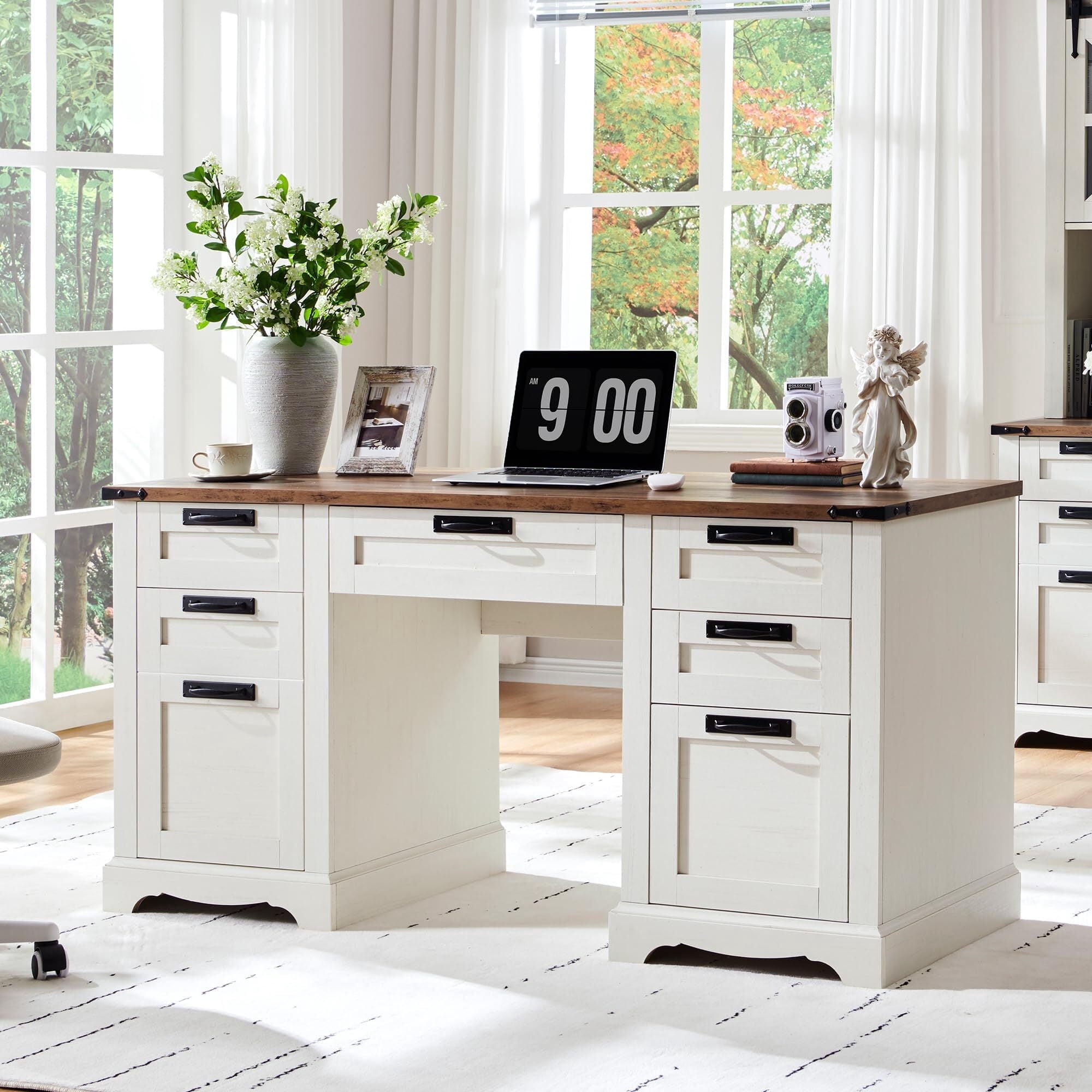 OKD Farmhouse Executive Desk, Rustic Office Desk with Charging Station and Keyboard Tray,Home Workstations with File Drawer, Storage Cabinet,Wood Computer Writing Desk, Antique White