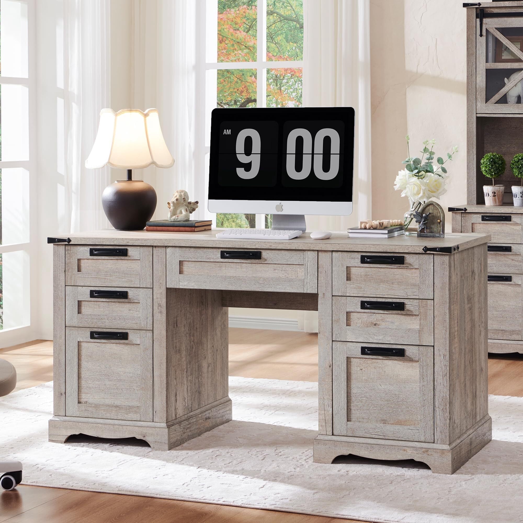 OKD Farmhouse Executive Desk, Rustic Office Desk with Charging Station and Keyboard Tray,Home Workstations with File Drawer, Storage Cabinet,Wood Computer Writing Desk, Light Rustic Oak