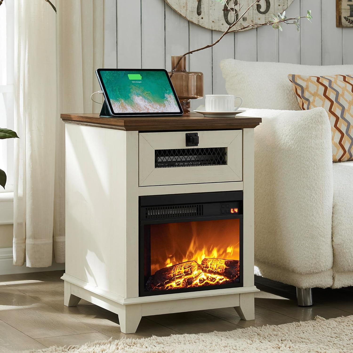 OKD Farmhouse Fireplace End Table with Drawer, Nightstand with 13