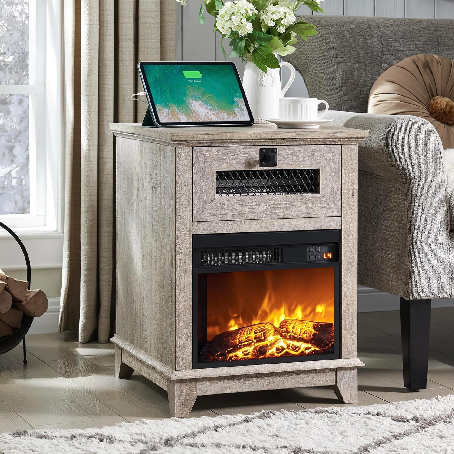 OKD Farmhouse Fireplace End Table with Drawer, Nightstand with 13