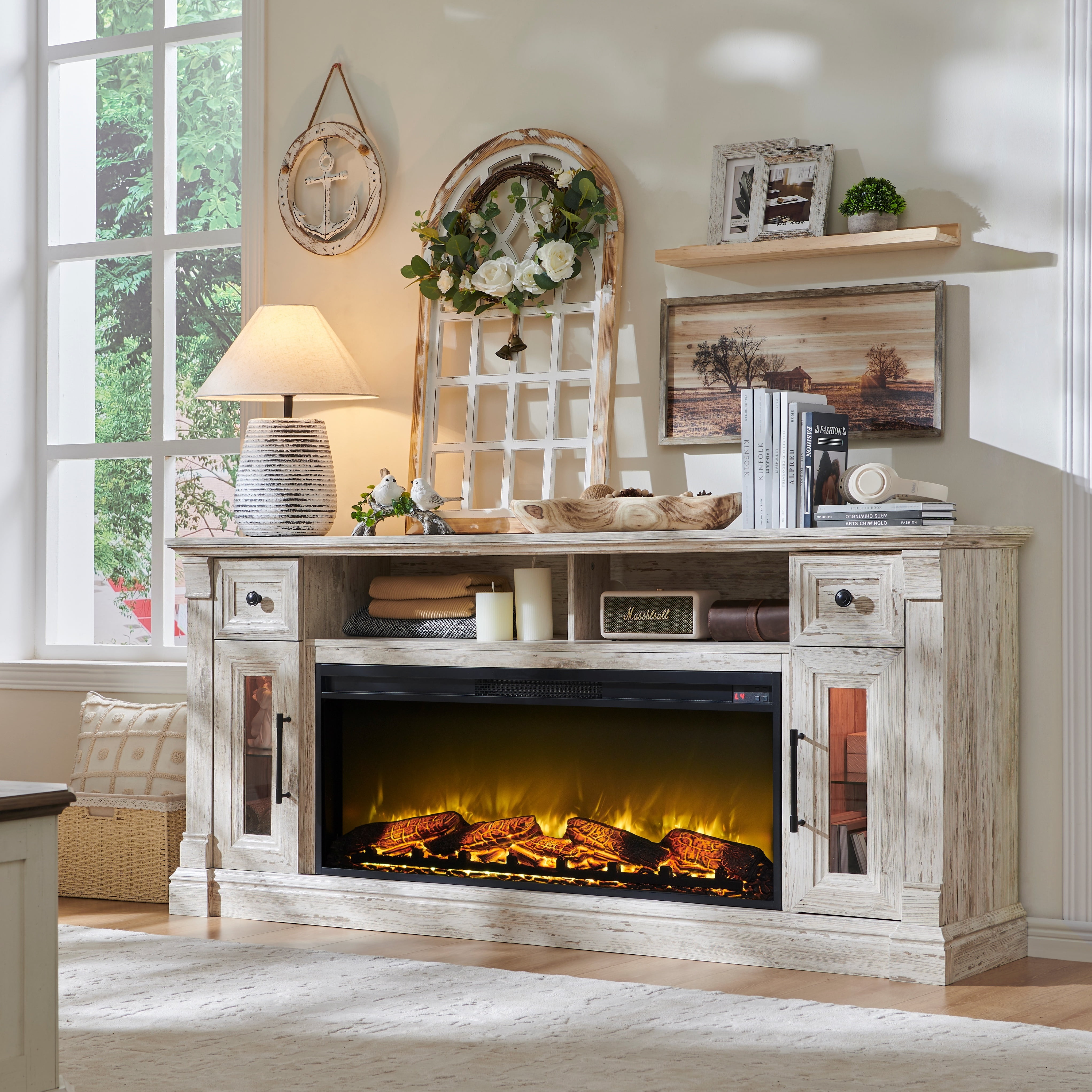 OKD Farmhouse Fireplace TV Stand up to 80'' TV, Entertainment