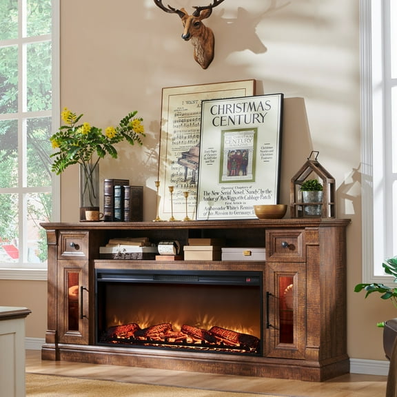 OKD Farmhouse Fireplace TV Stand up to 80'' TV, Entertainment Center with 42" Fireplace & LED Lights, Modern Media Console Table with Cabinets and Storage Drawers, Reclaimed Barnwood