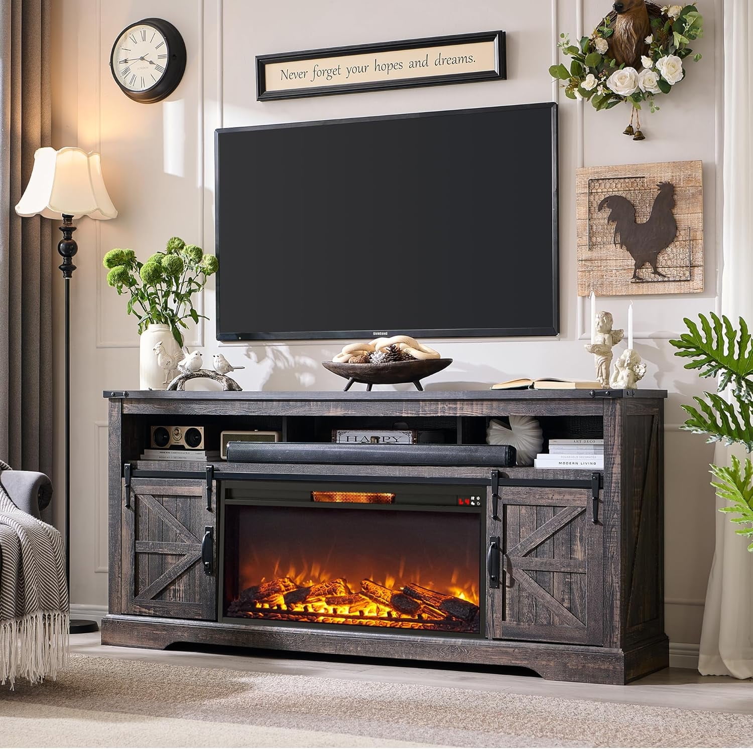 OKD Farmhouse Fireplace TV Stand for 80" TV, Highboy Entertainment Center with 36" Electric Fireplace, Media Console with Sliding Barn Door for Living Room, Dark Rustic Oak