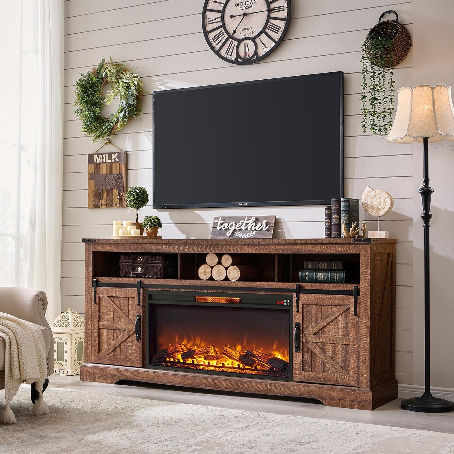 ぷー様オーダーメイド品　TV台 OKD Farmhouse Fireplace TV Stand for 80