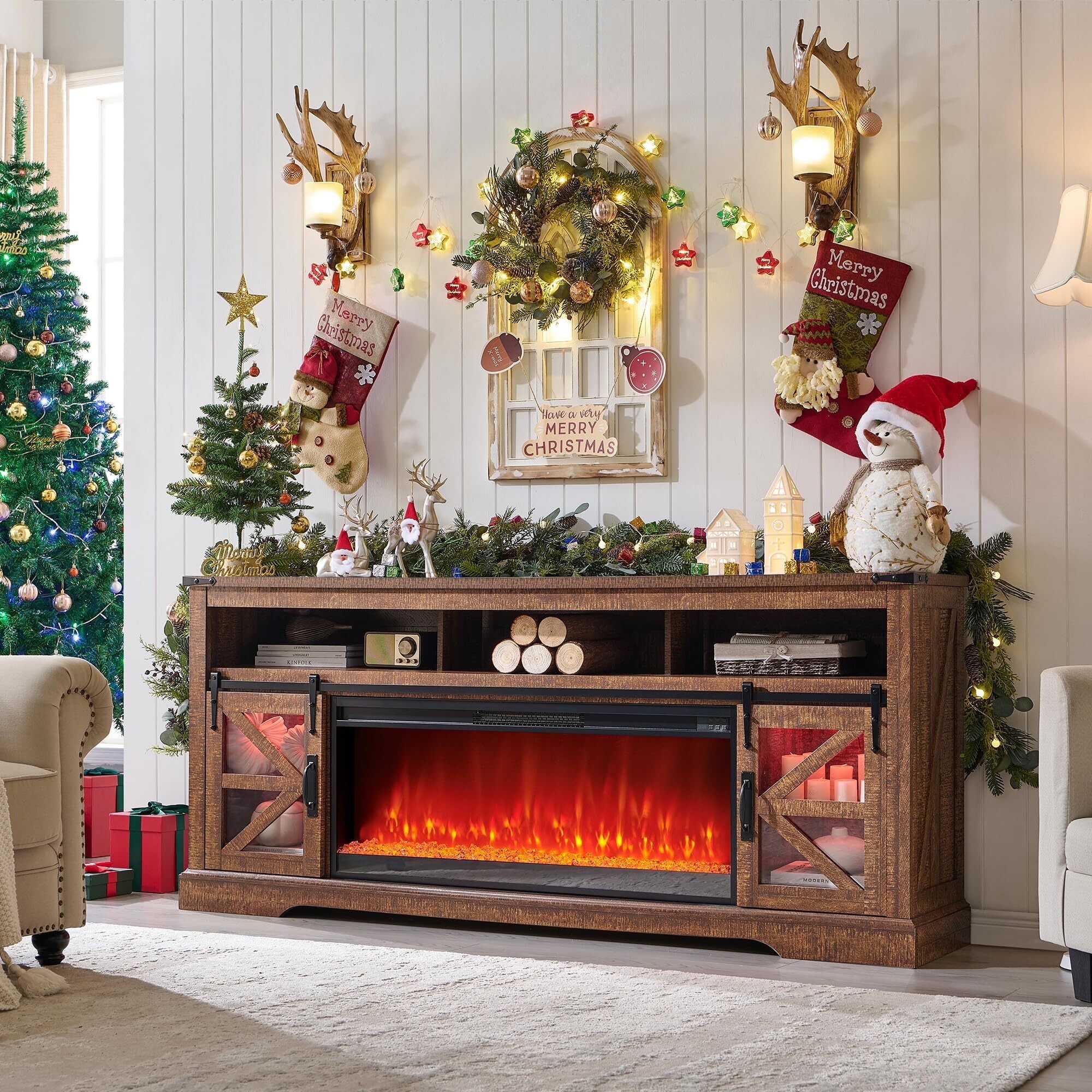 OKD Farmhouse Fireplace TV Stand for 85