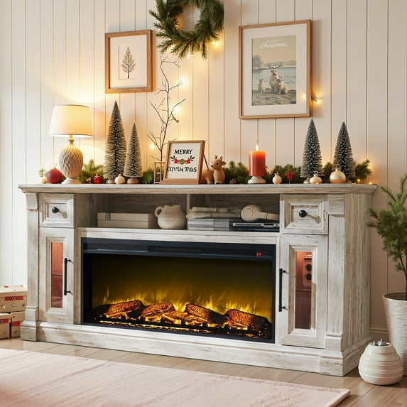 OKD Farmhouse Fireplace TV Stand for TVs up to 80" – 42" Electric Fireplace, LED Lights & Ample Storage | Modern Rustic Entertainment Center with Cabinets, Antique Brush White