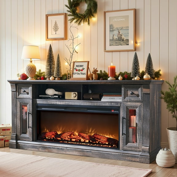 OKD Farmhouse Fireplace TV Stand for TVs up to 80" – 42" Electric Fireplace, LED Lights & Ample Storage | Modern Rustic Entertainment Center with Cabinets, Dark Rustic Oak