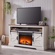 OKD Farmhouse Fireplace TV Stand up to 70", Entertainment Center with 23" Fireplace & Open Storage Shelves for Living Room, Antique White