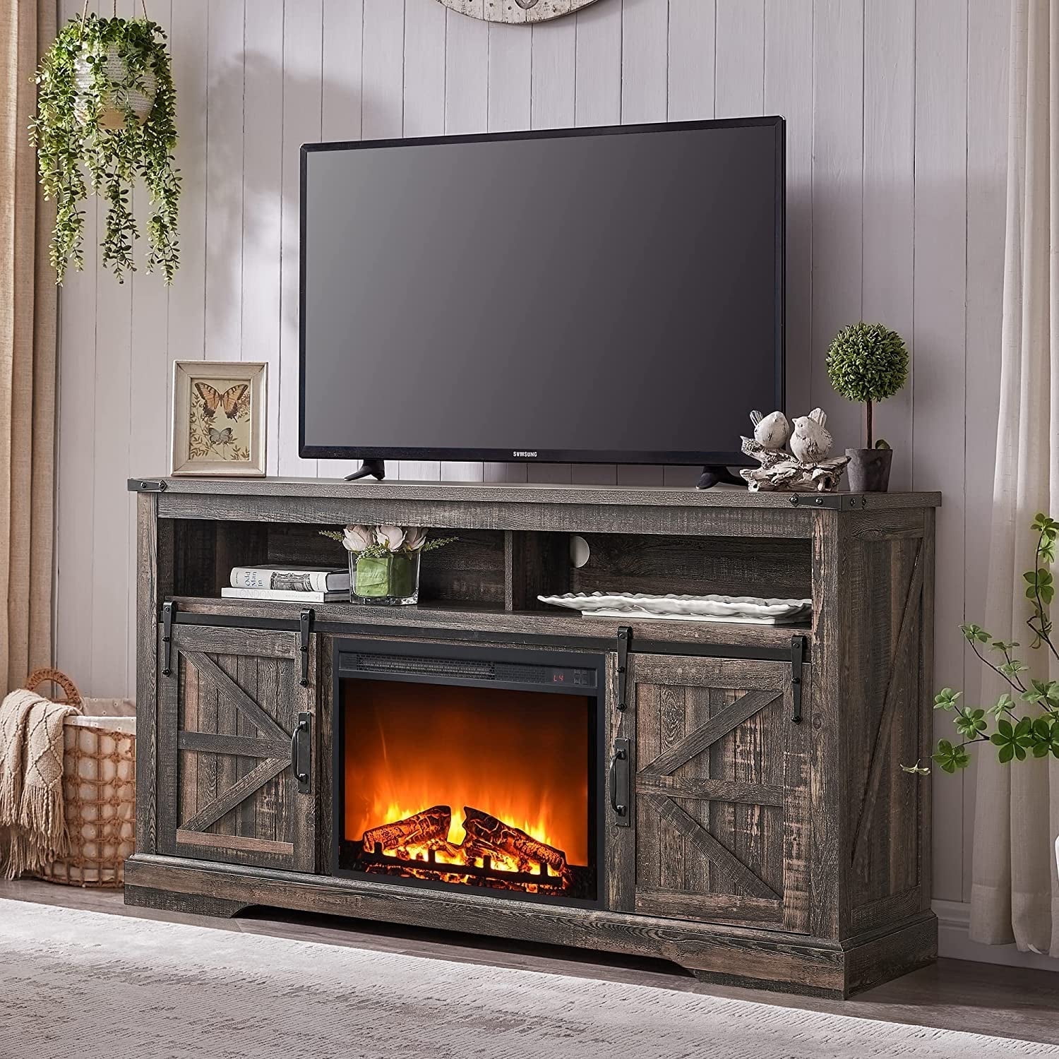Electric Fireplace TV Stand for TVs up to 65 Farmhouse Entertainment Center with Fireplace Vintage Brown
