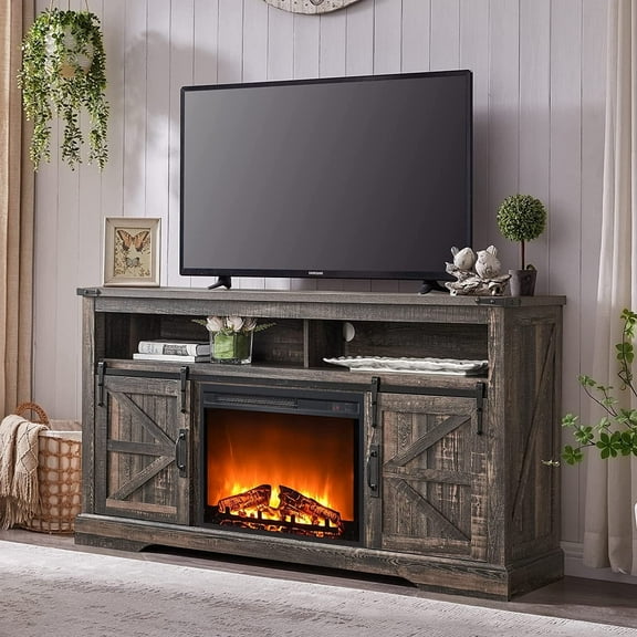 OKD Farmhouse Fireplace TV Stand up to 70", Entertainment Center with 23" Fireplace & Open Storage Shelves for Living Room, Dark Rustic Oak