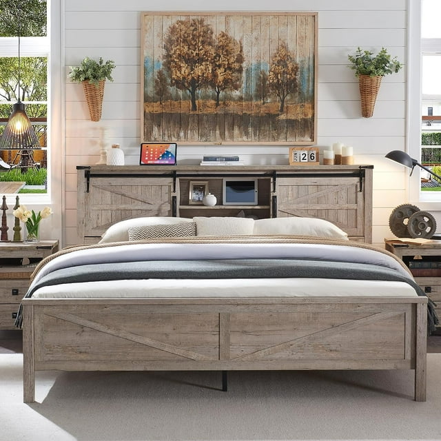 OKD Farmhouse Full Bed Frame, Wood Platform Bed with Bookcase Storage